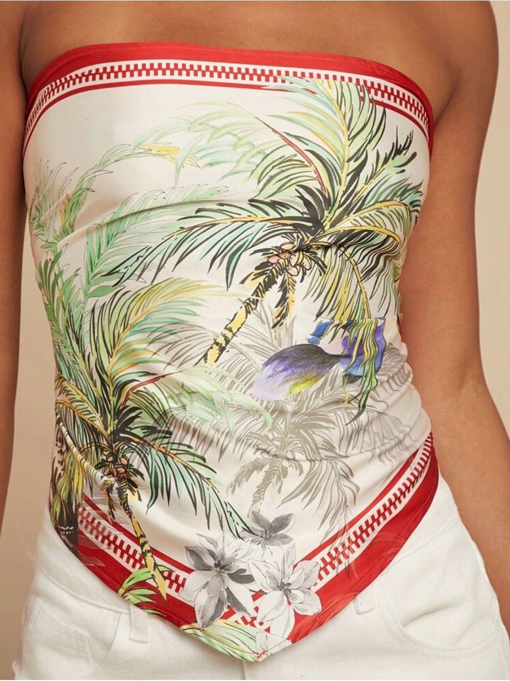 Women’s Strapless Tropical Print Bandana Top - White & Red